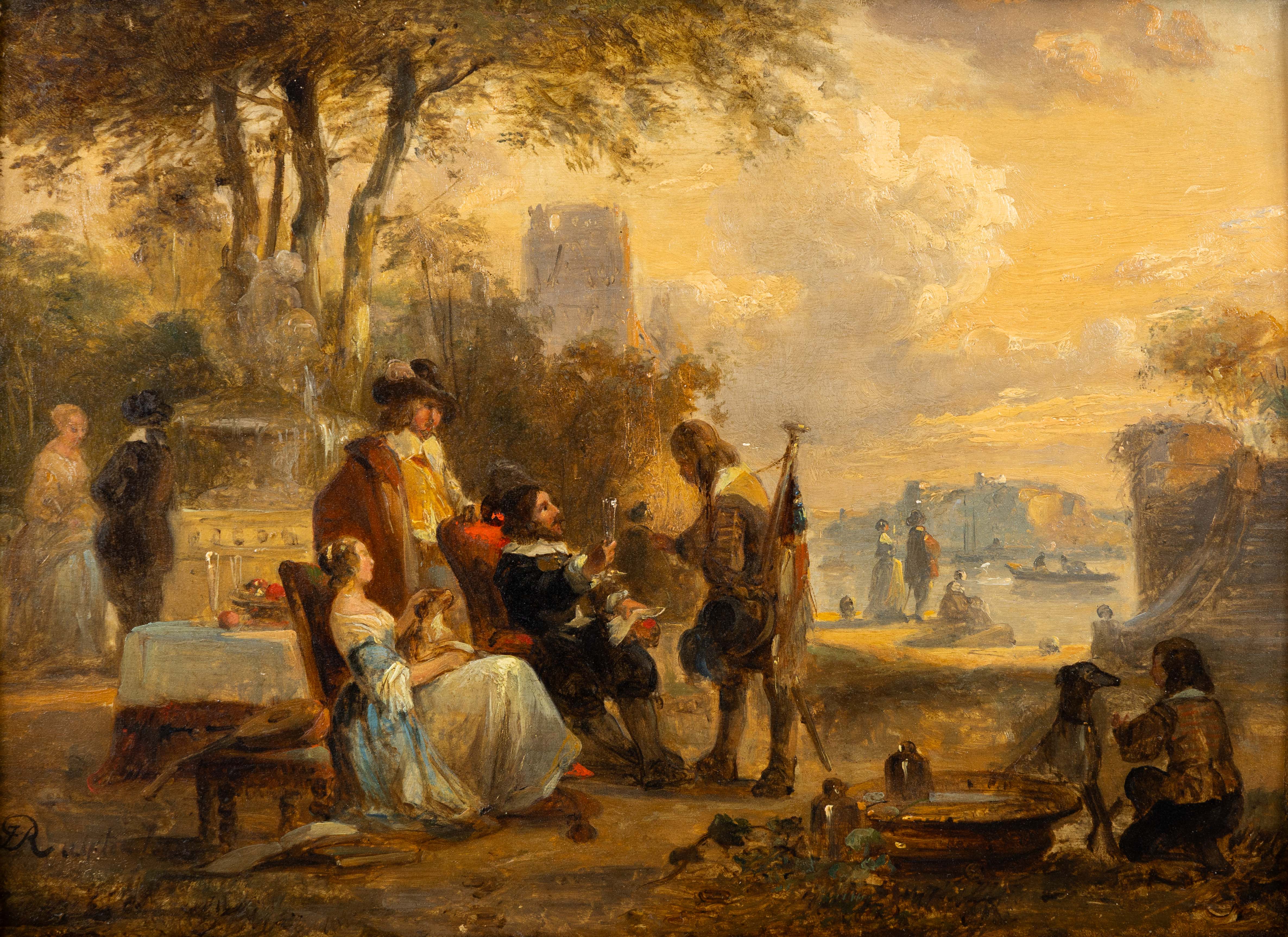 Jean Michel Ruyten (1813-1881) 'galant tafereel in de tuin,' olieverf op paneel. (L:29 x H:21.5 cm)